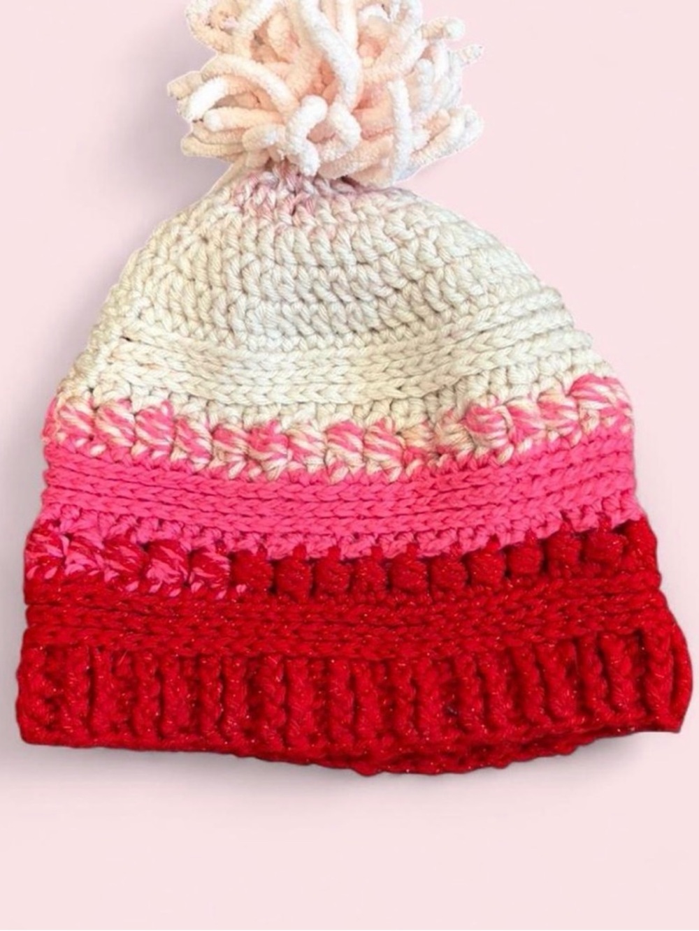 Chunky Crocheted Beanie in Cream, Pink & Red